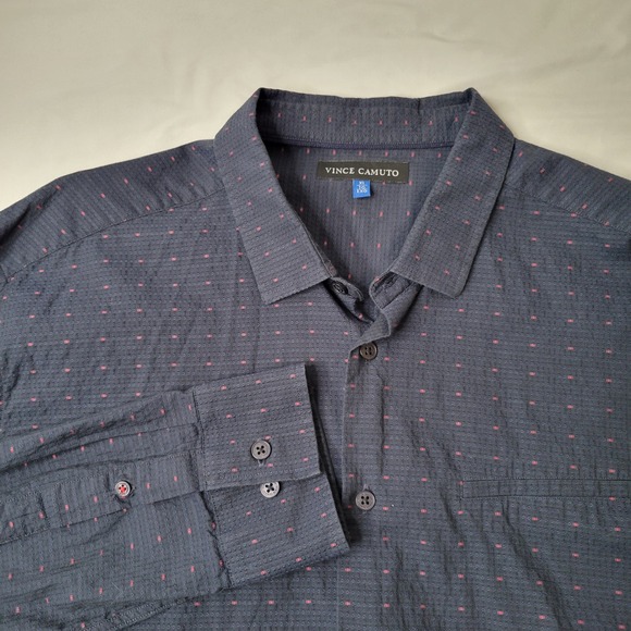 Vince Camuto Mens XL Button Down Shirt Long Sleeve Navy Red Dots Casual‎ Cotton - Picture 1 of 7
